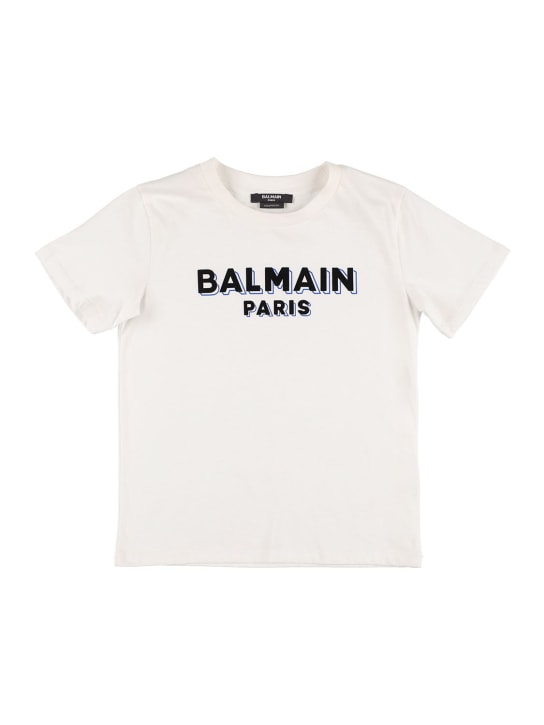 Balmain: T-shirt in jersey di cotone organico con logo - kids-girls_0 | Luisa Via Roma