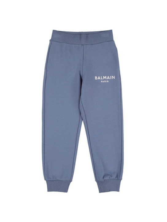 Balmain: Pantalones deportivos de algodón orgánico con logo - Azul Claro - kids-girls_0 | Luisa Via Roma