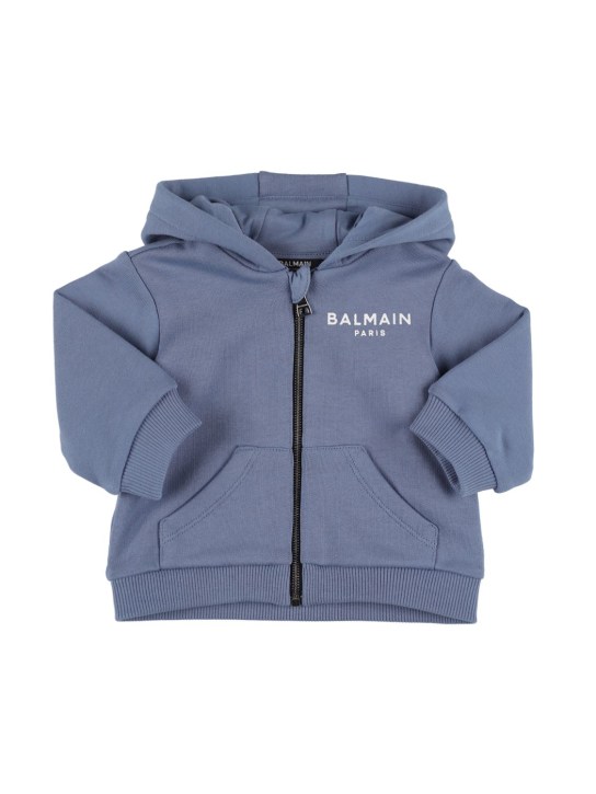 Balmain: Organic cotton zip-up hoodie w/logo - Light Blue - kids-girls_0 | Luisa Via Roma