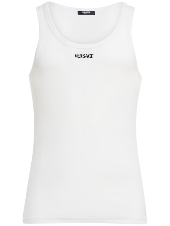 Versace Underwear: Geripptes Tanktop aus Baumwolle mit Logo - Optisches Weiß - men_0 | Luisa Via Roma