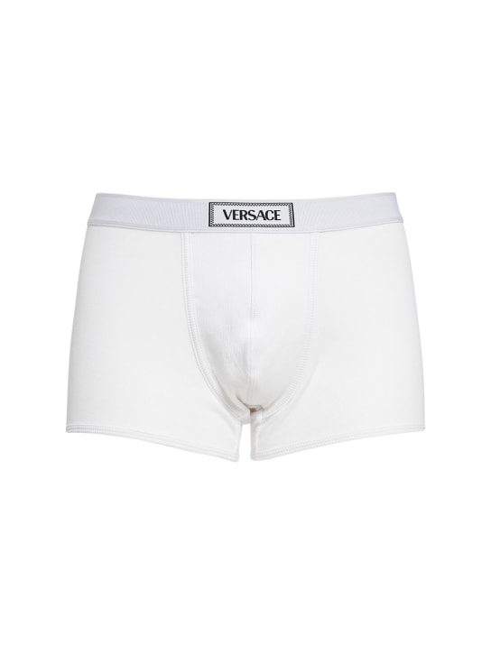 Versace: Boxer en coton côtelé - Blanc Optique - men_0 | Luisa Via Roma