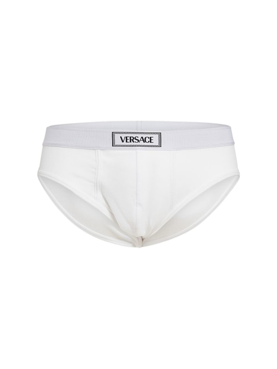 Versace Underwear: Slip in cotone a costine - Bianco Ottico - men_0 | Luisa Via Roma