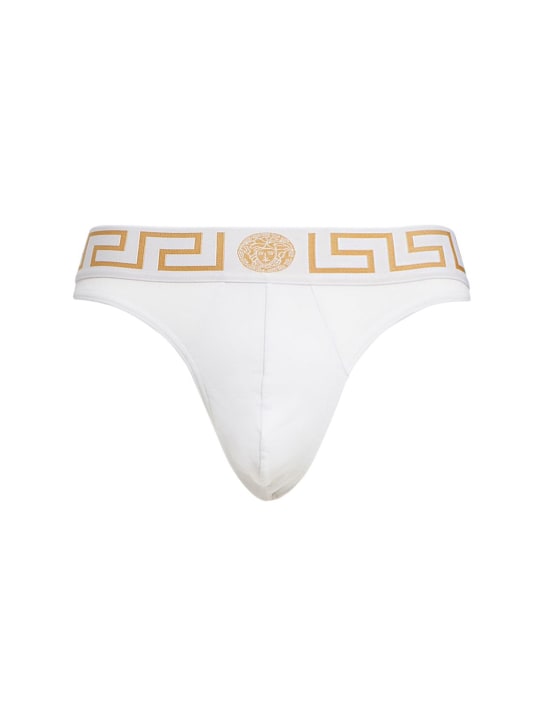 Versace: Slip de jersey de algodón stretch con logo - Blanco/Oro - men_0 | Luisa Via Roma