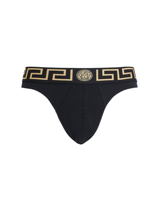 Versace: Slip aus Stretch-Baumwolljersey mit Logo - Schwarz/Gold - men_0 | Luisa Via Roma
