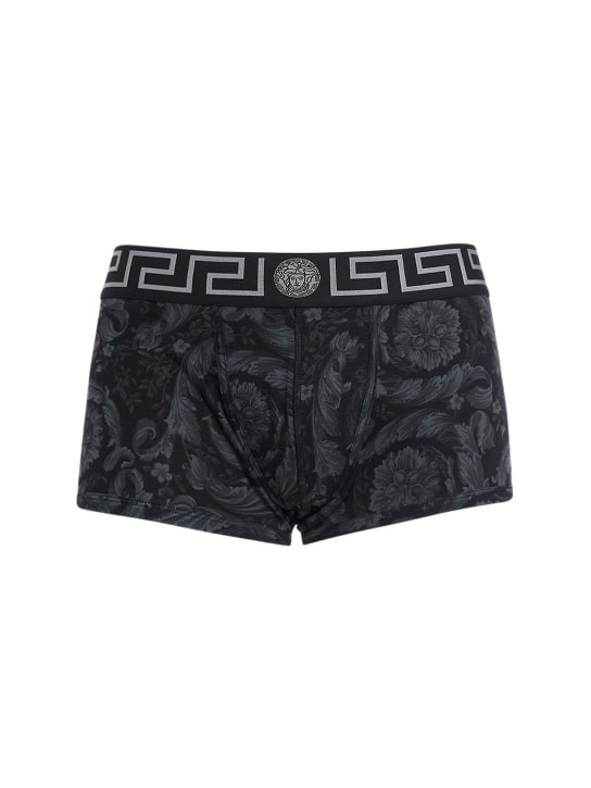 Versace Underwear: Barocco印花弹力平纹针织平角内裤 - 黑色/灰色 - men_0 | Luisa Via Roma