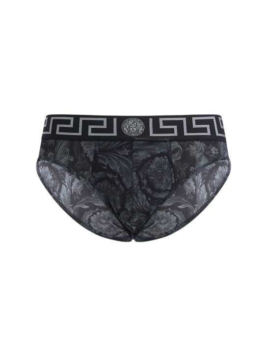 Versace: 巴洛克印花弹力棉质内裤 - 黑色/灰色 - men_0 | Luisa Via Roma