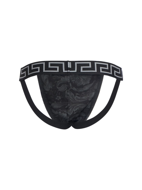 Versace: Barocco print stretch cotton jock strap - Black/Grey - men_2 | Luisa Via Roma