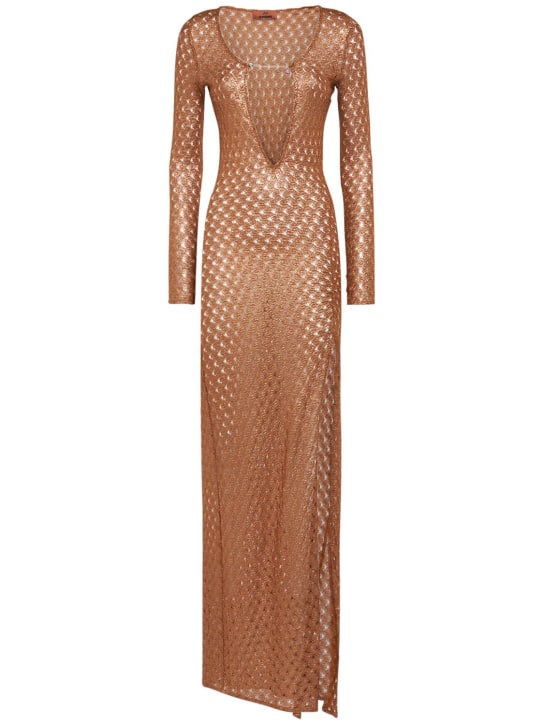 Missoni: Crochet lurex V-neck long dress - Bronze - women_0 | Luisa Via Roma