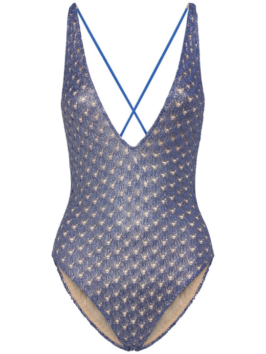 Missoni: Crochet lurex one piece swimsuit - Blue/Silver - women_0 | Luisa Via Roma