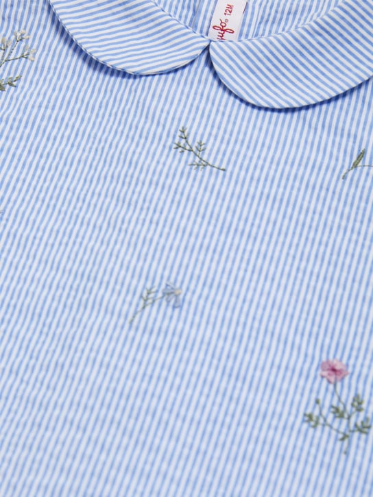 Il Gufo: シアサッカーシャツ＆コットンポプリンショートパンツ - ホワイト/ブルー - kids-girls_1 | Luisa Via Roma
