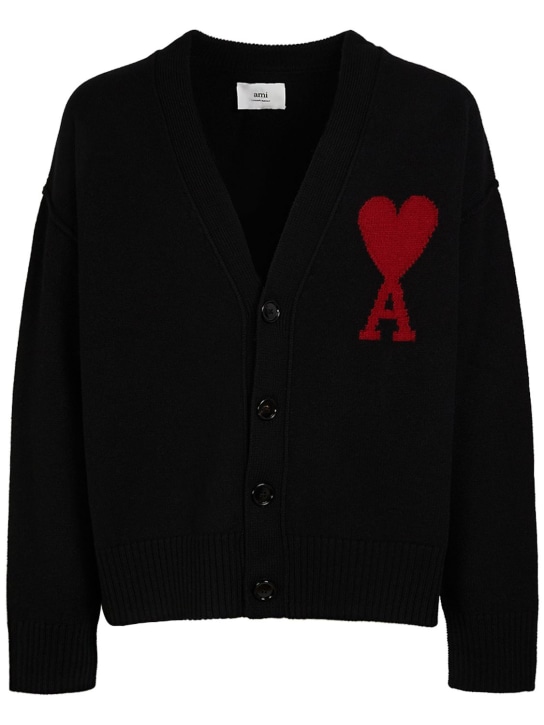 AMI Paris: Logo wool knit cardigan - Siyah - men_0 | Luisa Via Roma