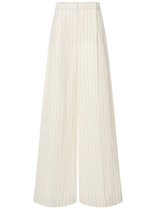 Max Mara: Linen blend pinstripe wide pants - Ivory/Black - women_0 | Luisa Via Roma