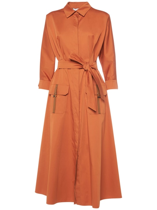 Max Mara: Robe chemise midi en satin & ceinture - Orange/Marron - women_0 | Luisa Via Roma
