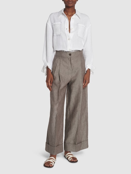 'S Max Mara: Daria linen shirt w/ stitching details - Beyaz - women_1 | Luisa Via Roma