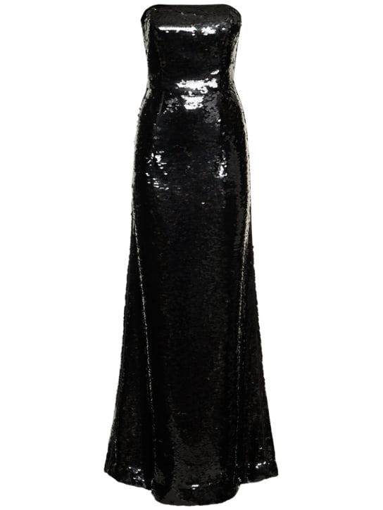 Alberta Ferretti: Sequined satin strapless long dress - Siyah - women_0 | Luisa Via Roma