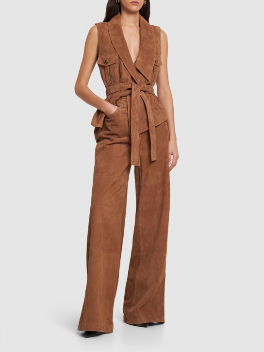 Alberta Ferretti: Suede leather high rise wide pants - Lihgt Brown - women_1 | Luisa Via Roma