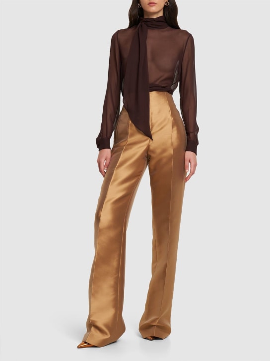 Alberta Ferretti: High rise Mikado silk blend wide pants - Dark Gold - women_1 | Luisa Via Roma