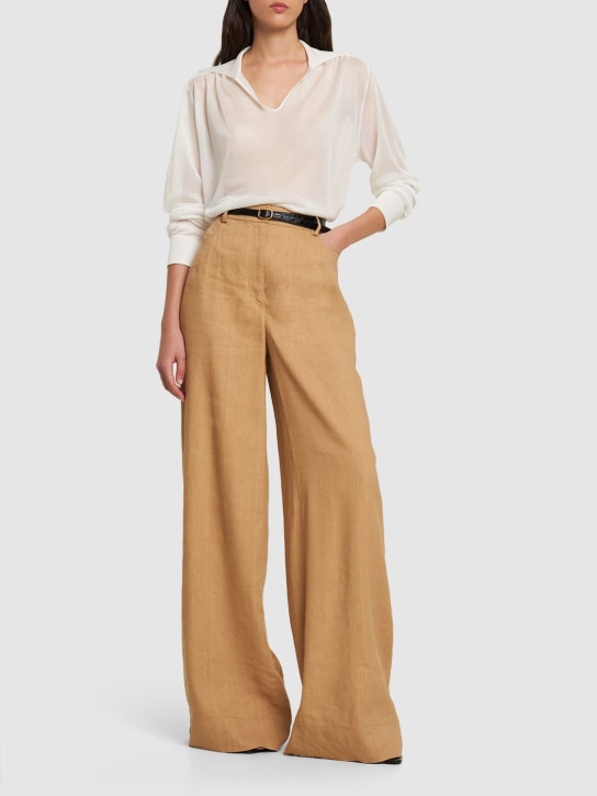 Alberta Ferretti: Pantalon ample en lin mélangé taille haute - Beige Foncé - women_1 | Luisa Via Roma