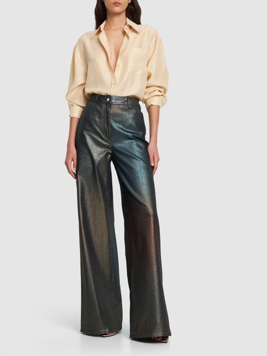 Alberta Ferretti: Metallic denim high rise wide jeans - Silver/Black - women_1 | Luisa Via Roma