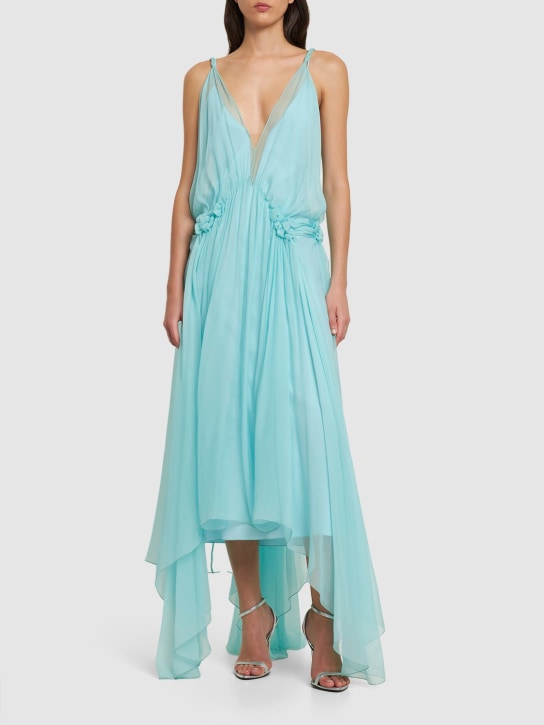 Alberta Ferretti: Draped silk chiffon long dress - Açık Mavi - women_1 | Luisa Via Roma
