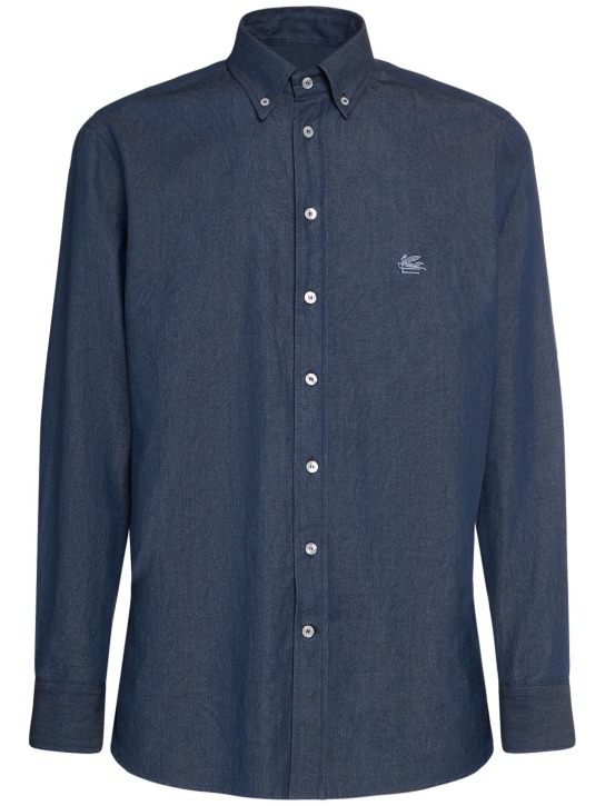 Etro: Camicia in cotone con logo - Blu - men_0 | Luisa Via Roma