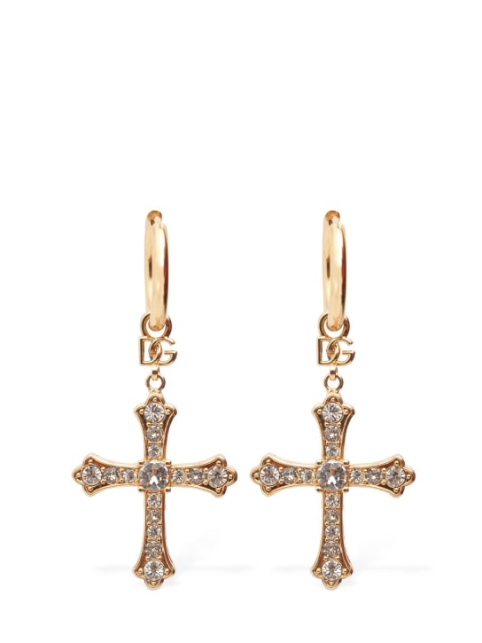 Dolce&Gabbana: Pendants d'oreilles croix avec cristaux DG DNA - Or/Cristal - women_0 | Luisa Via Roma