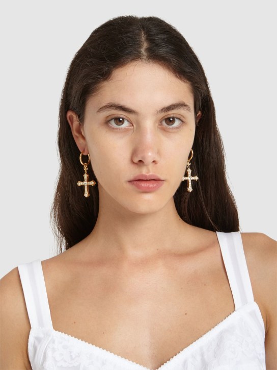 Dolce&Gabbana: Pendants d'oreilles croix avec cristaux DG DNA - Or/Cristal - women_1 | Luisa Via Roma