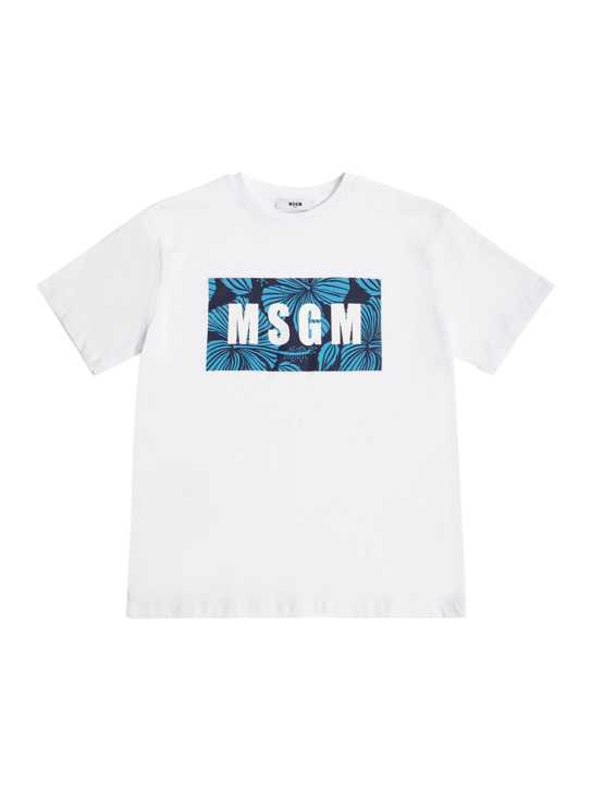 MSGM: 프린트 로고 코튼 저지 티셔츠 - 화이트 - kids-boys_0 | Luisa Via Roma
