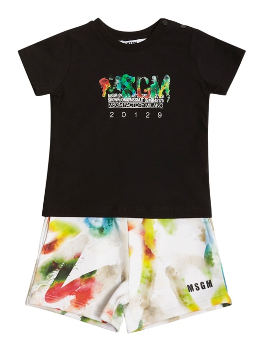 MSGM: 棉质T恤&平纹针织短裤 - 黑色/白色 - kids-boys_0 | Luisa Via Roma