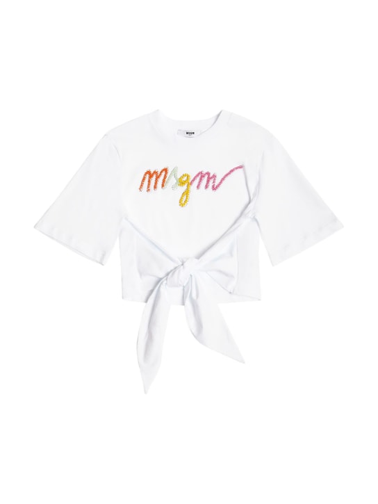 MSGM: 打结棉质平纹针织短款T恤 - 白色 - kids-girls_0 | Luisa Via Roma