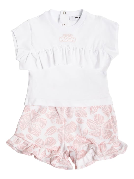 MSGM: 棉质平纹针织T恤&短裤 - 粉色/白色 - kids-girls_0 | Luisa Via Roma
