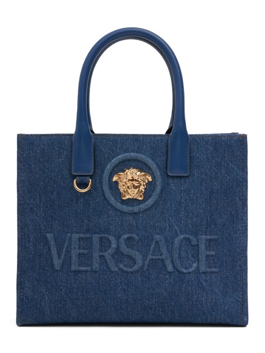 Versace: Small denim tote bag - Mavi - women_0 | Luisa Via Roma