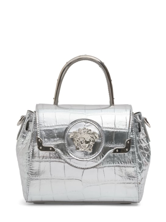 Versace: Small Medusa embossed leather bag - Gümüş - women_0 | Luisa Via Roma
