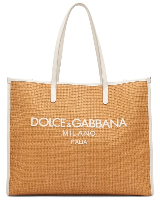 Dolce&Gabbana: Grand sac cabas en raphia à logo - Miele/Latte - women_0 | Luisa Via Roma