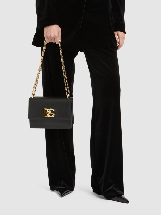 Dolce&Gabbana: Logo leather chain shoulder bag - Siyah - women_1 | Luisa Via Roma