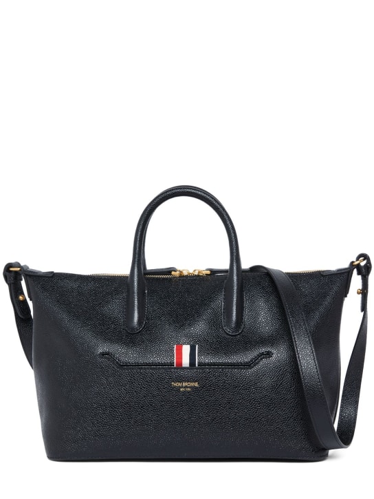 Thom Browne: Medium soft grained leather duffle bag - Black - men_0 | Luisa Via Roma