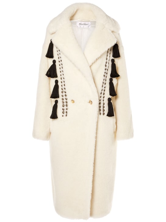 Max Mara: Demetra wool blend furry coat w/ tassel - Multi Ivory - women_0 | Luisa Via Roma