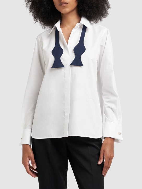 Max Mara: Laser cotton shirt w/ bow tie - Beyaz - women_1 | Luisa Via Roma