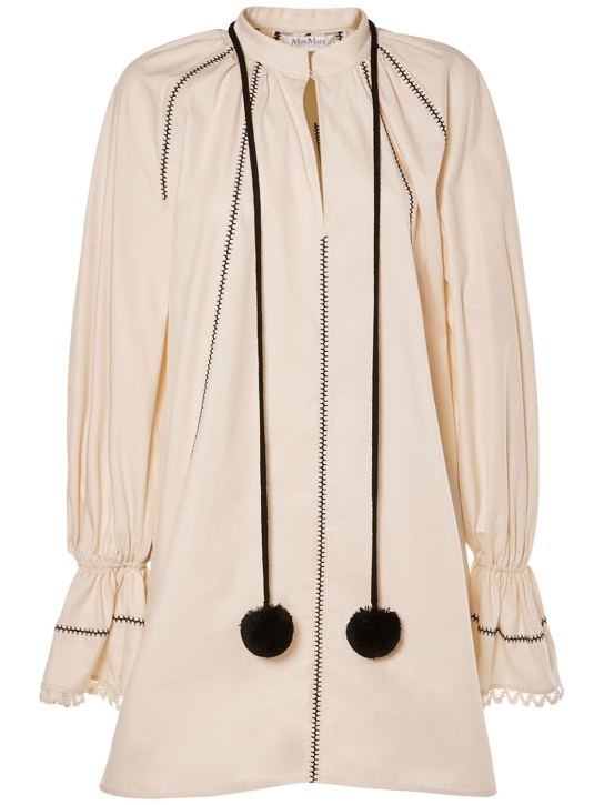Max Mara: Rive cotton mini dress w/ pompom - Multi Ivory - women_0 | Luisa Via Roma