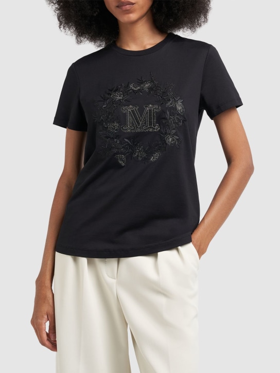 Max Mara: Elmo embroidered cotton t-shirt - Siyah - women_1 | Luisa Via Roma