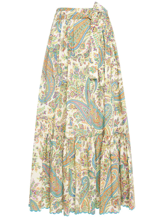 Etro: Printed cotton high rise midi skirt - Multi/Beige - women_0 | Luisa Via Roma