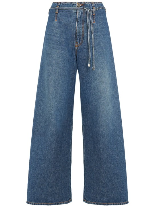 Etro: Jean ample en denim taille haute avec lanières - Bleu - women_0 | Luisa Via Roma