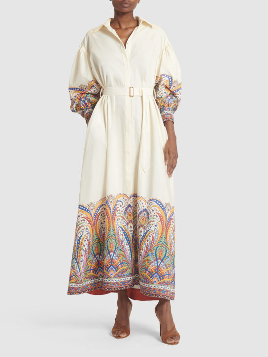 Etro: Printed cotton midi shirt dress w/belt - Multi Ivory - women_1 | Luisa Via Roma