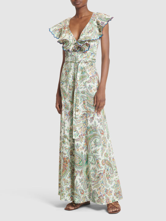 Etro: Printed cotton crisscross midi dress - Multi/Beige - women_1 | Luisa Via Roma