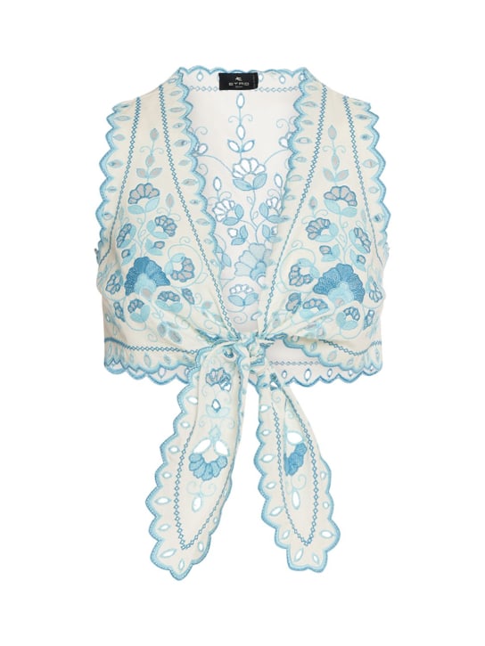 Etro: Crop top en coton avec broderies anglaises - Blanc/Bleu Clair - women_0 | Luisa Via Roma