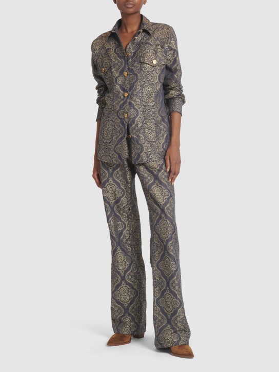 Etro: Camicia in cotone e lino stampata - Dark Grey/Gold - women_1 | Luisa Via Roma