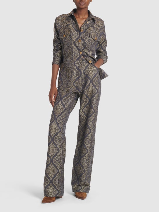 Etro: Jean ample en lin et coton imprimé - Dark Grey/Gold - women_1 | Luisa Via Roma
