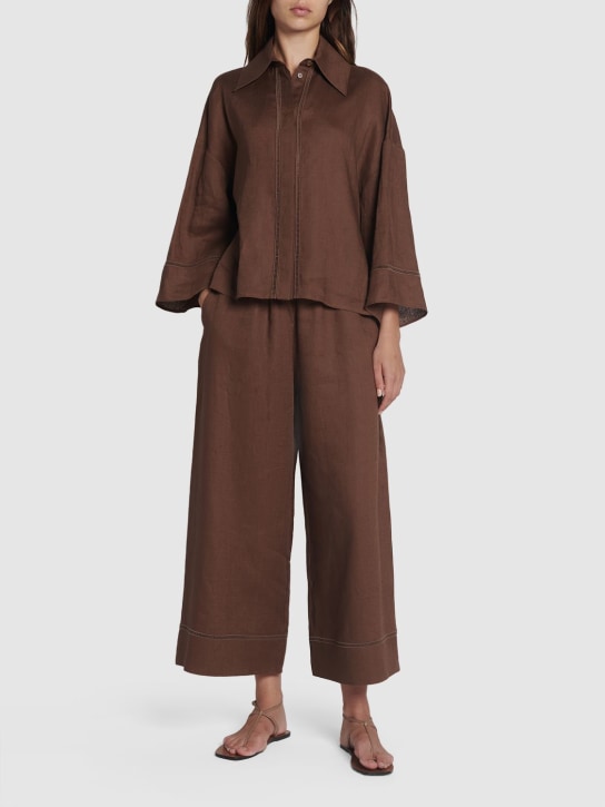 Max Mara: Brama linen wide pants - Brown - women_1 | Luisa Via Roma