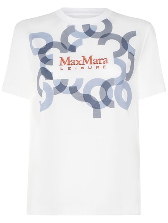 Max Mara: T-shirt imprimé et brodé Obliqua - Blanc/Bleu - women_0 | Luisa Via Roma