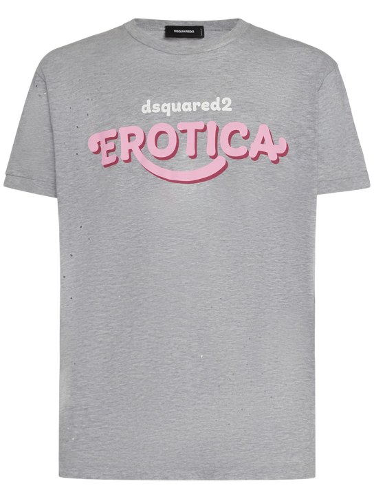 Dsquared2: T-shirt in cotone stampato - Grigio Melange - men_0 | Luisa Via Roma